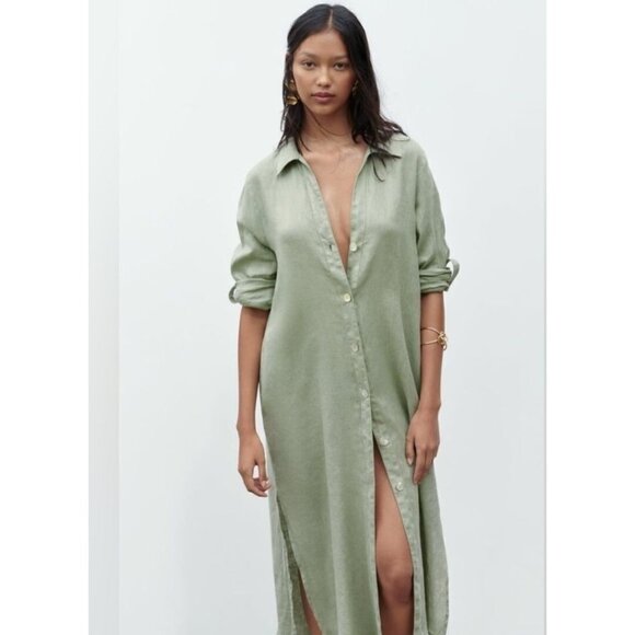 Zara 100% Linen Shirt Dress Long Sleeve Khaki Green Button Front - Picture 16 of 16